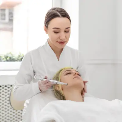 A skincare professional performs a treatment on a client lying comfortably on a treatment bed in a bright, serene spa environment.